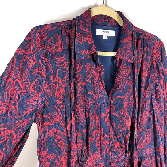 Jason Wu Print Midi Shirt Dress Blue Red Tie Neck Button Front Long Sleeve Sz 6‎ - Picture 5 of 15